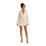 Kadın Ekru Müslin Kimono Bornoz Kuşaklı, Püskül Detaylı, Oversize Rahat Kesim Plaj & Ev Giyim Krem