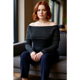 Kadın Ekru Simli Carmen Yaka Triko Bluz Omzu Açık Tasarım İlkbahar Sonbahar Casual Günlük Kullanım
