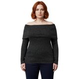Kadın Ekru Simli Fitilli Triko Bluz Carmen Yaka Omzu Açık Regular Boy Uzun Kollu Casual Tarz_Siyah-2XL