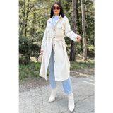 Kadın Ekru Uzun Kol, Çift Cepli, Eteği Oval Kesim, Kemerli, Kaşe Gömlek Kaban