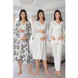 Kadın Ekru Uzun Kollu Pijama Takımı Gecelik Sabahlık Lohusa Hamile 4'lü Set, L, B8096EF-19804IGP264172