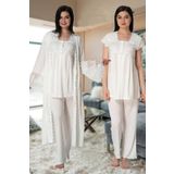 Kadın Ekru Uzun Sabahlıklı Dantelli Sabahlıklı Hamile Lohusa Pijama Takımı Effort, S, B5011EF-19804IGP2715451