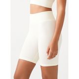 Kadın Ekru Yüksek Bel Fitilli Toparlayıcı Kısa Spor Tayt Ribbed Biker