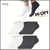 Kadın - Erkek (20 Çift ) Düz Desen Ekonomik Bilek Boy Patik Çorap - 40 - 44 - Siyah - Beyaz