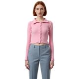Kadın Esnek Örme Bluz Vücuda Oturan Crop Boy Gömlek Yaka Uzun Kollu Düğmeli Casual Günlük Kışlık_Pembe-XS