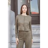 Kadın Esnek Süet Kumaş Sıfır Yaka Flato Cepli Uzun Kol Blazer Ceket-Haki