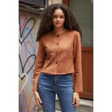 Kadın Esnek Süet Kumaş Sıfır Yaka Flato Cepli Uzun Kol Blazer Ceket-Taba