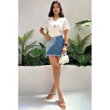 Kadın Etek Ucu Püsküllü Çift Renk Denim Mini Etek