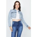 Kadın Etek Ucu Püsküllü Crop Denim Ceket Açık Mavi 36