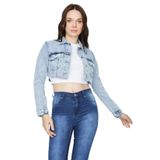 Kadın Etek Ucu Püsküllü Crop Denim Ceket Açık Mavi 42