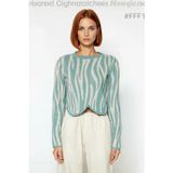 Kadın Fashion Forward Akrilik Regular Kalıp Crop Boy Uzun Kol Hayvan Desenli Triko Kazak Kaliteli