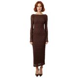 Kadın Feminine Bodycon Kayık Yaka Maxi Uzun Kol Astarlı Dantel Örme Şık Gece Elbisesi Kaliteli-Koyu Kahverengi-34