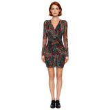 Kadın Feminine Tarz Astarlı Bodycon Uzun Kollu V Yaka Soyut Desenli Tül Mini Elbise Günlük Şıklık