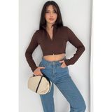 Kadın Fermuarlı Crop Ceket – Dinamik & Modern Stil - Kahverengi