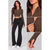 Kadın Fermuarlı Dik Yaka Parmak Geçmeli Uzun Kollu Slim Fit Spor Bluz Crop
