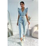 Kadın Fırfır Detaylı Kolsuz Mom Kalıp Denim Tulum