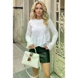Kadın Fırfırlı, Arkası Uzun Pamuk Keten Rahat Kesim Bluz Beyaz 700-3571319