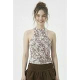 Kadın Fitilli Baskılı Beyaz Kahve Halter Yaka Crop Bluz - Beyaz-Kahve