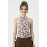 Kadın Fitilli Baskılı Beyaz Kahve Halter Yaka Crop Bluz