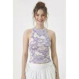 Kadın Fitilli Baskılı Halter Yaka Crop Bluz - Ekru-Mor