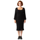 Kadın Fitilli Bodycon Midi Triko Elbise Uzun Kollu Kare Yaka Düğme Detaylı Yırtmaçlı Kaliteli-Siyah-2XL