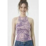 Kadın Fitilli Çizgi Baskılı Halter Yaka Crop Bluz - Pembe-Lila