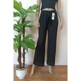 Kadın Fitilli Çizgili Penye Pamuklu Bol Paça Pantolon - Siyah - XL