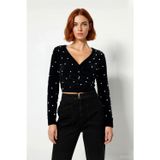 Kadın Fitted Basic V Yaka Siyah Tüylü İnci Detaylı Super Crop Uzun Kollu Triko Kazak İddialı Stil -Siyah-M