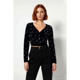 Kadın Fitted Basic V Yaka Siyah Tüylü İnci Detaylı Super Crop Uzun Kollu Triko Kazak İddialı Stil -Siyah-S