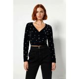 Kadın Fitted Basic V Yaka Siyah Tüylü İnci Detaylı Super Crop Uzun Kollu Triko Kazak İddialı Stil