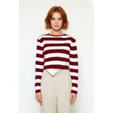 Kadın Fitted Bisiklet Yaka Super Crop Çizgili Triko Kazak İlkbahar Sonbahar Casual Tarz İçin Ideal -Bordo-M