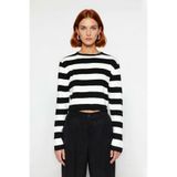 Kadın Fitted Bisiklet Yaka Super Crop Çizgili Triko Kazak İlkbahar Sonbahar Casual Tarz İçin Ideal -Siyah-M
