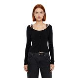 Kadın Fitted Düşük Kol Uzun Kollu Kayık Yaka Crop İnce Triko Hırka Siyah Modern Basic Şık Kombinler -Siyah-L