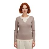 Kadın Fitted Fitilli Triko Kazak İnce Yapılı Polyester Çift Katman Görünümlü İlkbahar Sonbahar -Bej-2XL