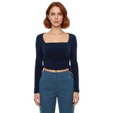 Kadın Fitted Kare Yaka Büzgülü Uzun Kollu Crop Esnek Örme Bluz Kaliteli Şık Rahat Modern Zarif_Lacivert-XS