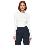 Kadın Fitted Viskoza Elastan Karışımlı Bluz Pembe Bisiklet Yaka Crop Kesim Uzun Kollu Tüm Sezonlar_Ekru-S