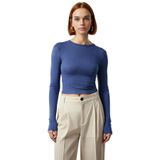 Kadın Fitted Viskoza Elastan Karışımlı Bluz Pembe Bisiklet Yaka Crop Kesim Uzun Kollu Tüm Sezonlar_Indigo-M