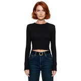 Kadın Fitted Viskoza Elastan Karışımlı Bluz Pembe Bisiklet Yaka Crop Kesim Uzun Kollu Tüm Sezonlar_Siyah-M
