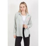 Kadın Fiyonk Baskılı Oversize Çizgili Gömlek Haki Beyaz - 71567 - Çağla