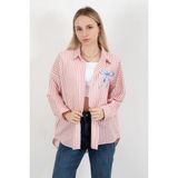 Kadın Fiyonk Baskılı Oversize Çizgili Gömlek Kırmızı Beyaz - 71567