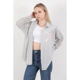 Kadın Fiyonk Baskılı Oversize Çizgili Gömlek Siyah Beyaz - 71567