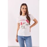 Kadın Flower Baskılı Tişört%100 Pamuk - Fildişi FİLDİŞİ
