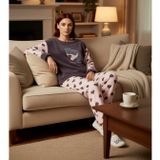 Kadın Füme Kalpli Polar Pijama Takımı Bisiklet Yaka Uzun Kollu Fonksiyonel Dayanıklı Rahat