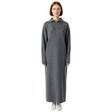 Kadın Füme Rahat Kalıp Maxi Boy Fermuarlı Dik Yaka Düz Desen Uzun Kol Triko Elbise Kaliteli-Füme-S