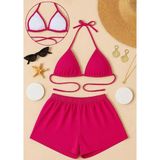 Kadın Fuşya Şortlu Belden ve Boyundan Bağlamalı Bikini Takımı