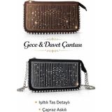 Kadın Gece & Davet Çantası Siyah – Taş Detaylı, Zincir Askılı, Şık Clutch Çanta - Kahverengi