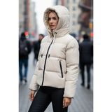 Kadın Geniş Kalıp Kapişonlunu Bağcıklı Casual Kısa Sişme Mont - Krem - 2XL