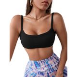 Kadın Geniş Yaka Askılı Sütyen Stili Siyah Super Crop Top Bluz (Siyah, M)