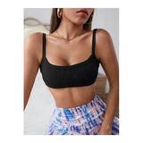 Kadın Geniş Yaka Askılı Sütyen Stili Siyah Super Crop Top Bluz
