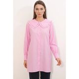 Kadın Geniş Yaka Fırfır Detaylı Çizgili Pembe Tunik Gömlek - 44
